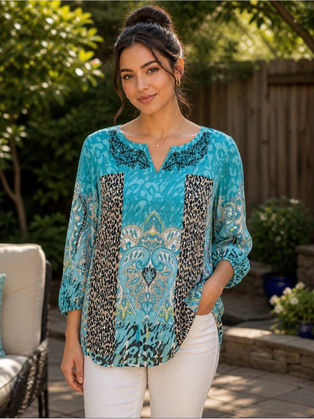 Style&Co. 3/4 sleeve embroidered vneck blouse